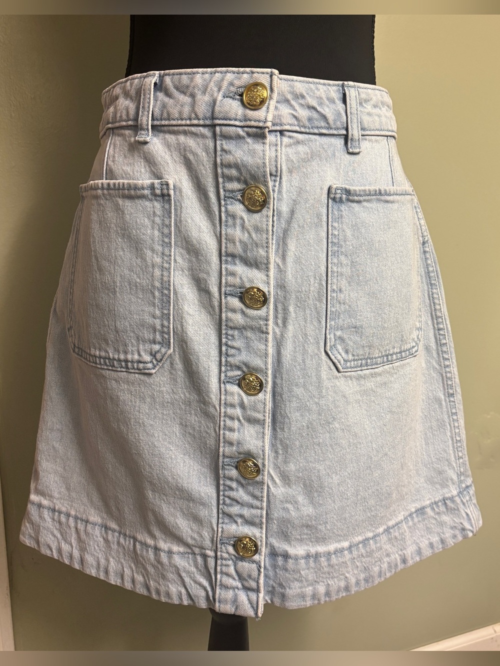 Light Wash Denim Button-Front Skirt Big Gold Buttons